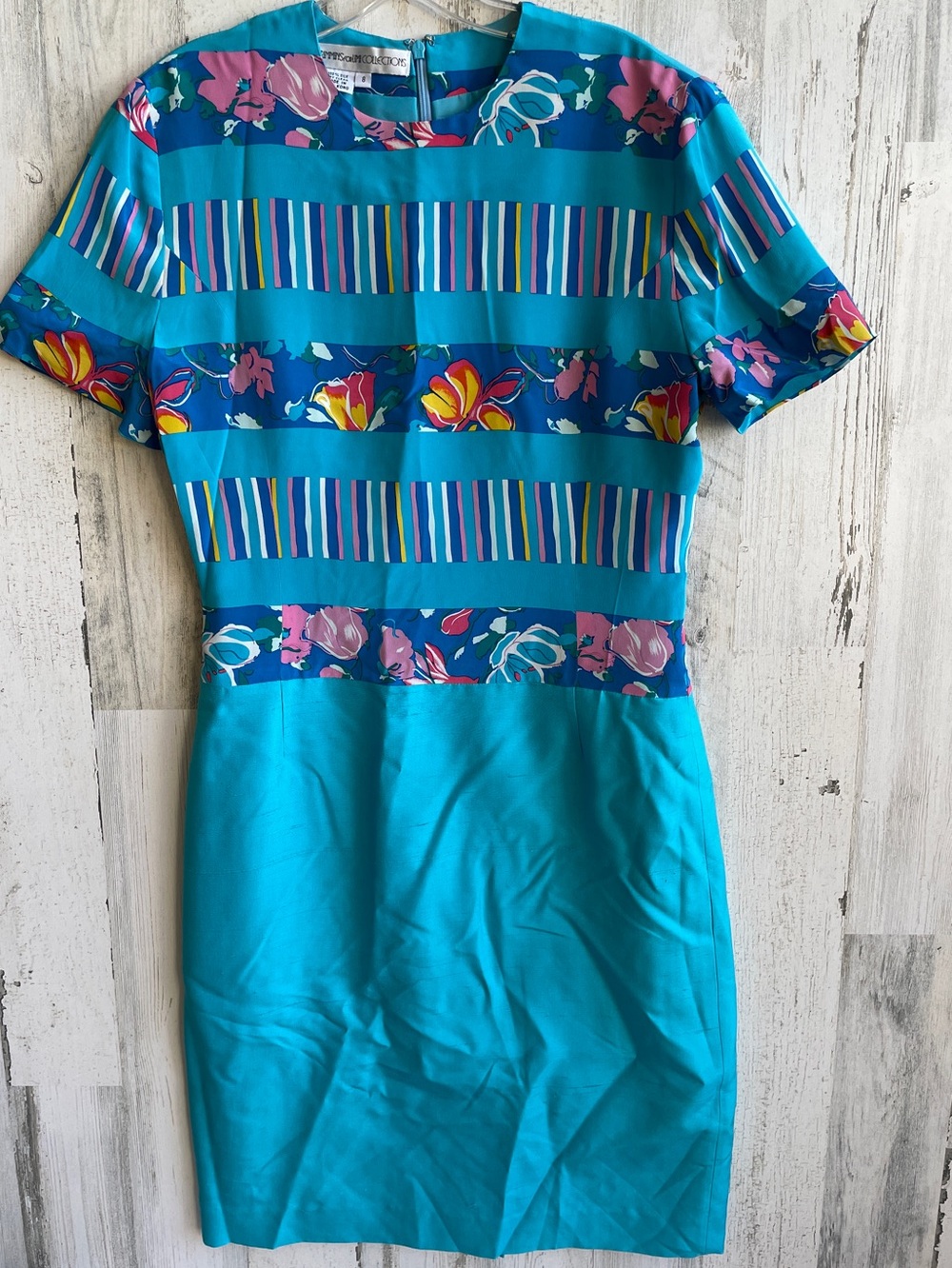 Vintage Classy Teal Blue Silk Floral-Striped Midi Dress Anne Crimmins SZ 8 EUC